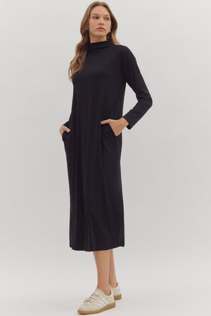 Rowan Black Mock Neck Midi Dress