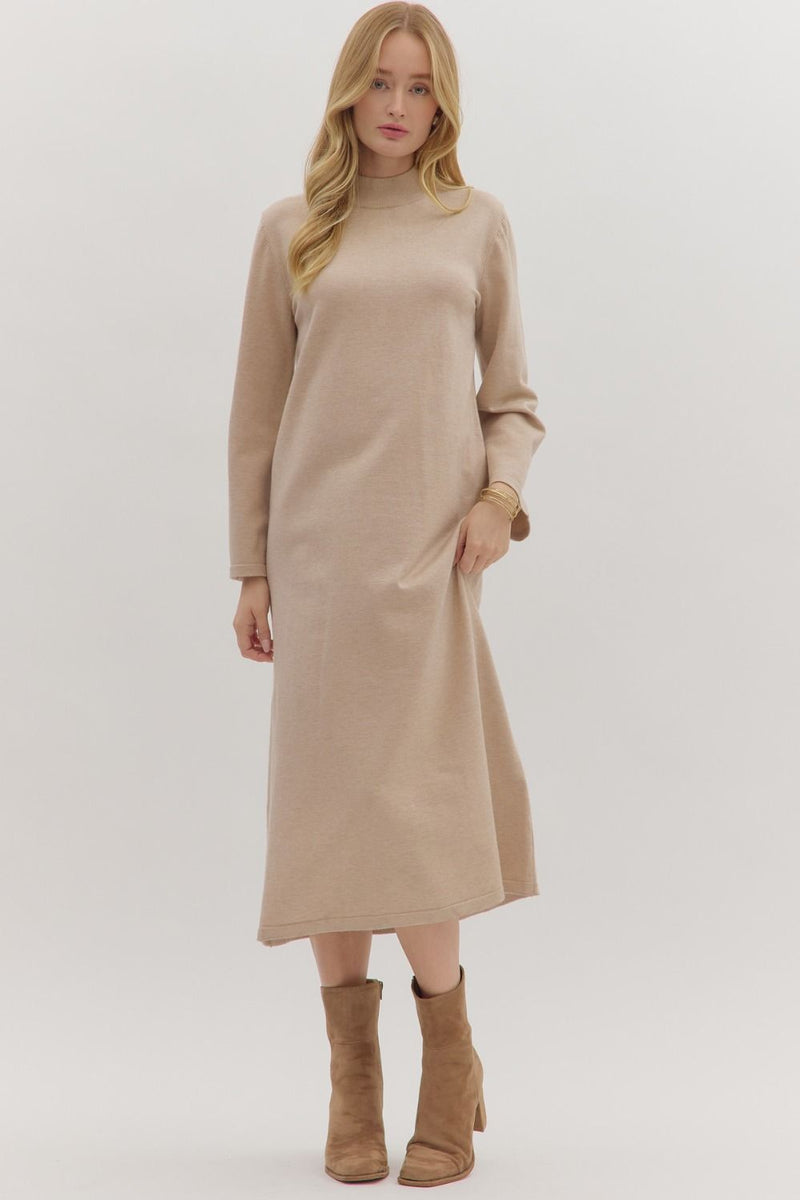 Sandstone Sand Mock Neck Knit Midi Dress