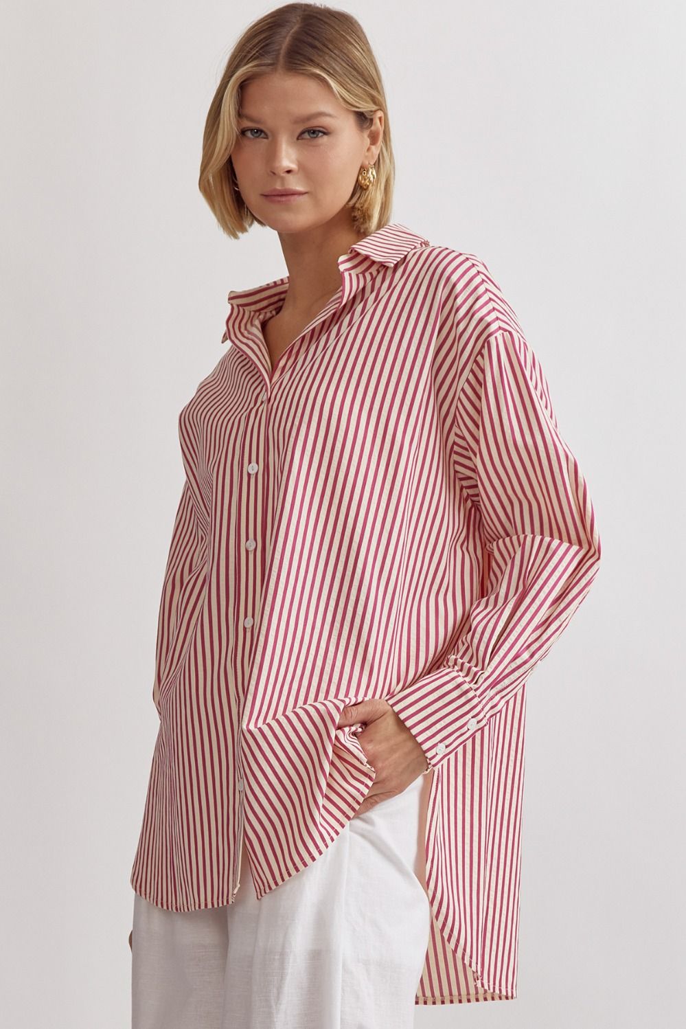 Stripe Collared Button Up Oversized Top