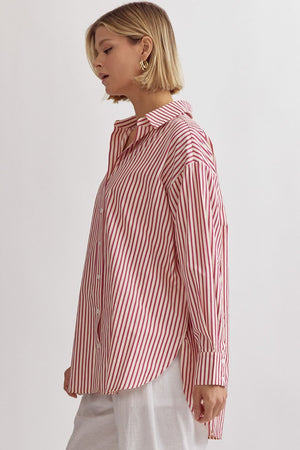 Stripe Collared Button Up Oversized Top