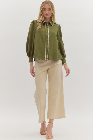 Trim & Proper Olive Blanket Stitch Top