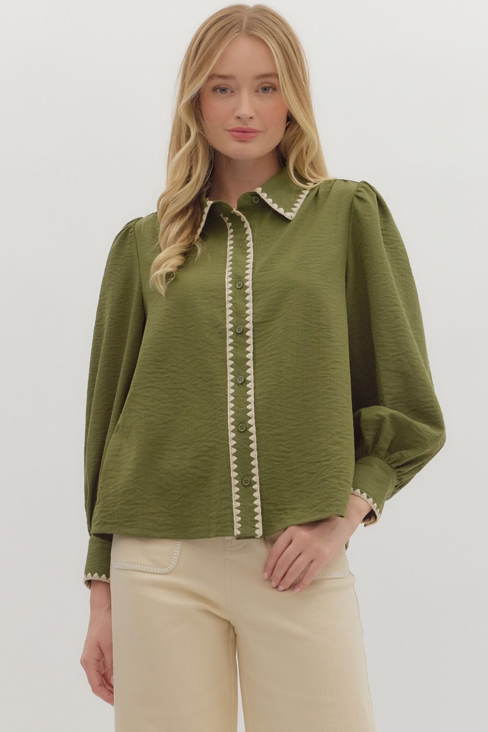 Trim & Proper Olive Blanket Stitch Top