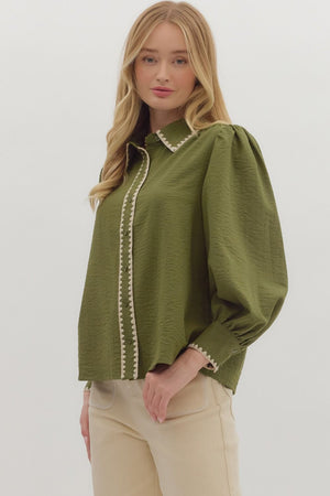 Trim & Proper Olive Blanket Stitch Top