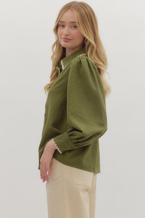 Trim & Proper Olive Blanket Stitch Top