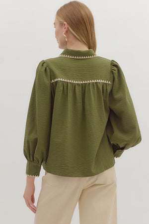 Trim & Proper Olive Blanket Stitch Top