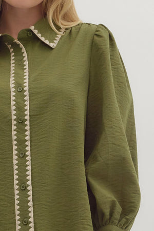 Trim & Proper Olive Blanket Stitch Top