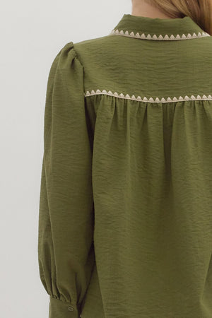 Trim & Proper Olive Blanket Stitch Top