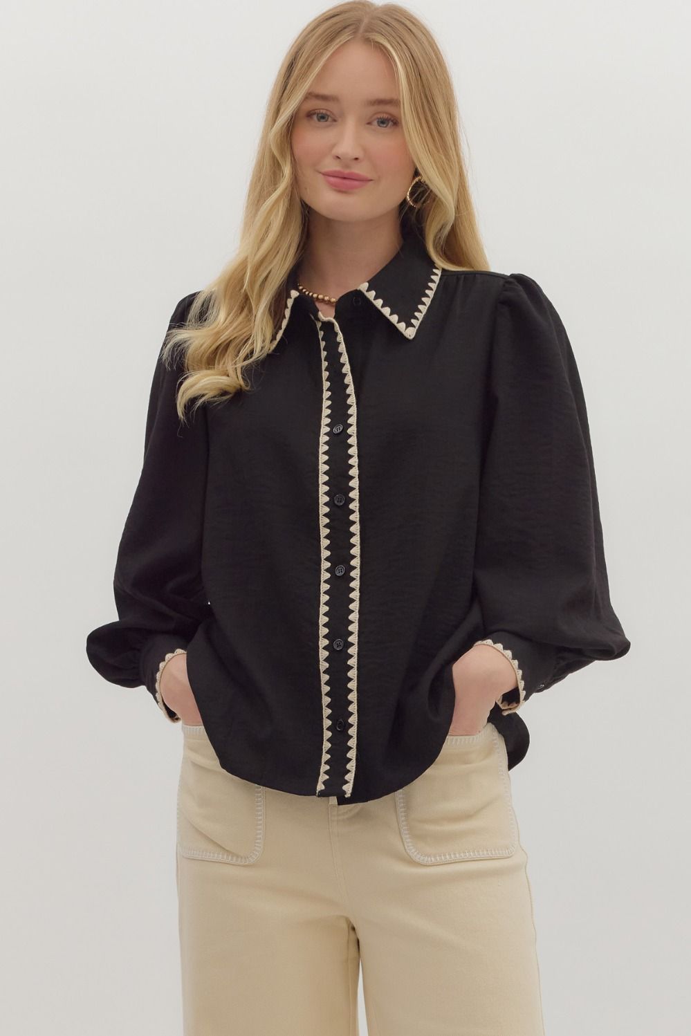 Trim & Proper Black Blanket Stitch Top