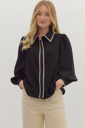 Trim & Proper Black Blanket Stitch Top