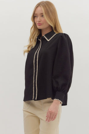 Trim & Proper Black Blanket Stitch Top
