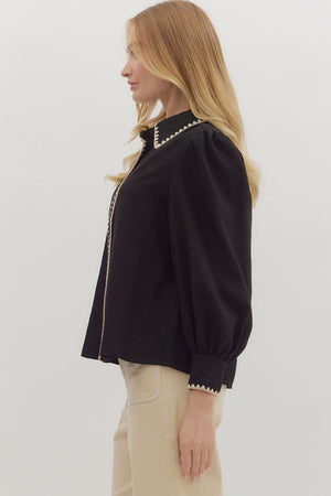 Trim & Proper Black Blanket Stitch Top