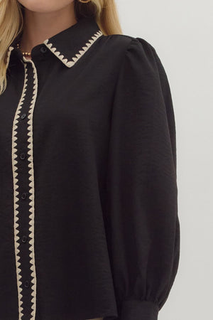 Trim & Proper Black Blanket Stitch Top
