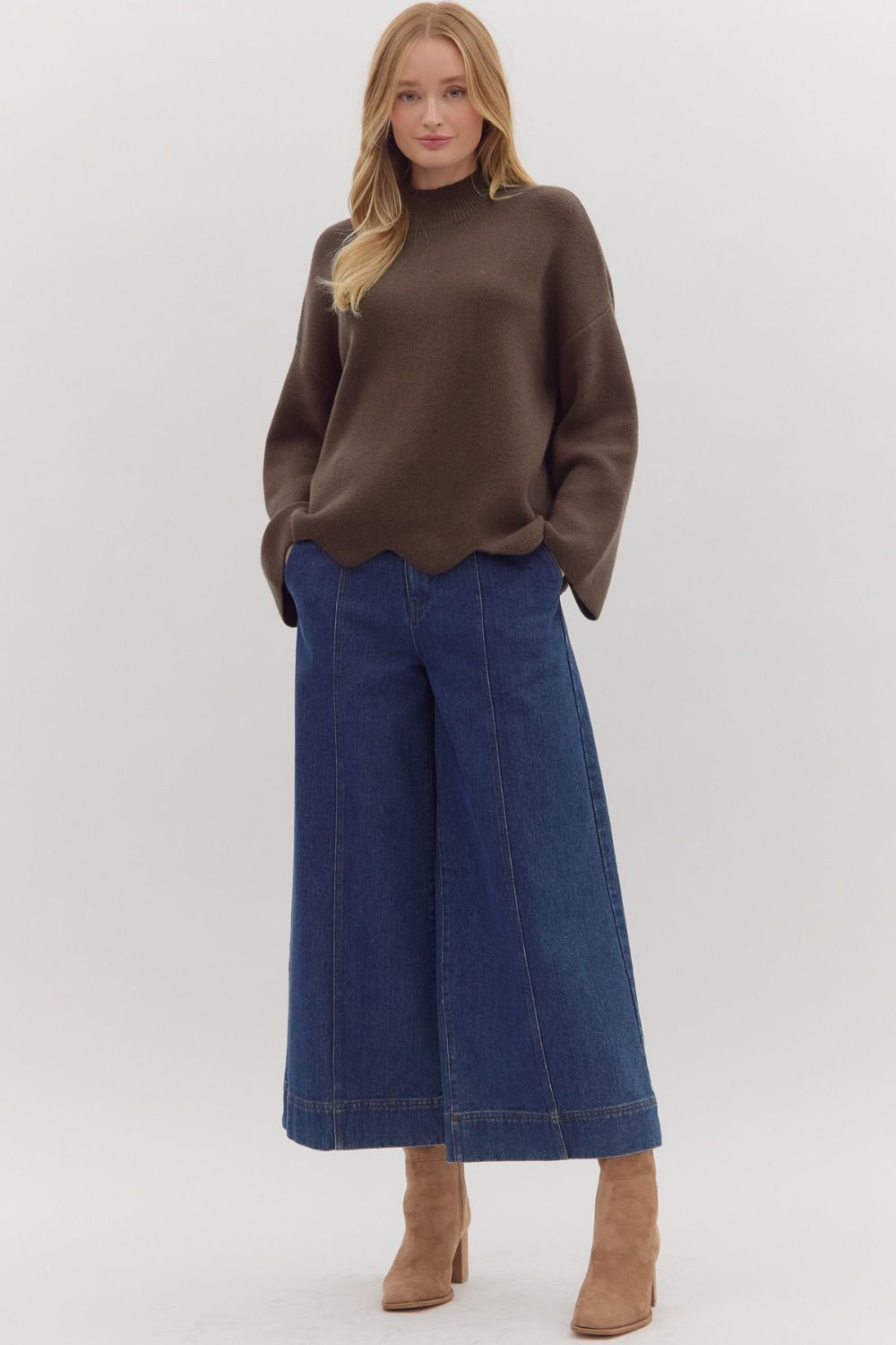 Waverly Brown Scallop Hem Sweater