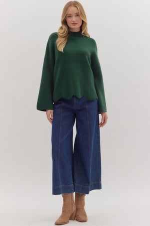 Waverly Hunter Green Scallop Hem Sweater