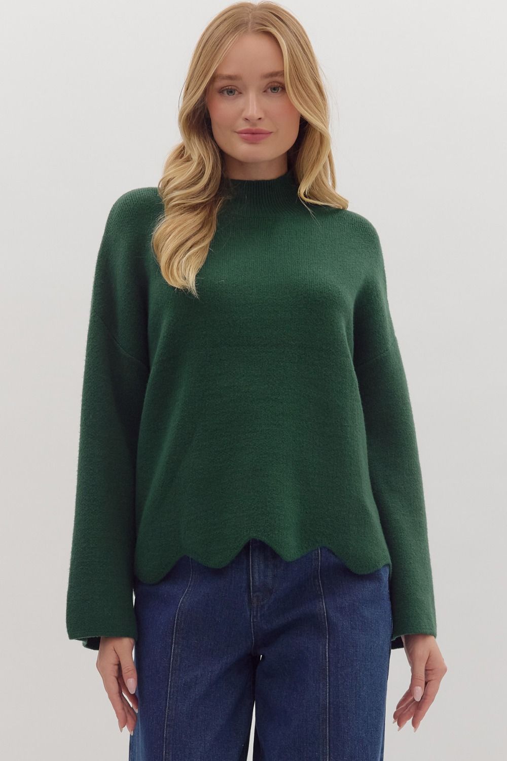 Waverly Hunter Green Scallop Hem Sweater