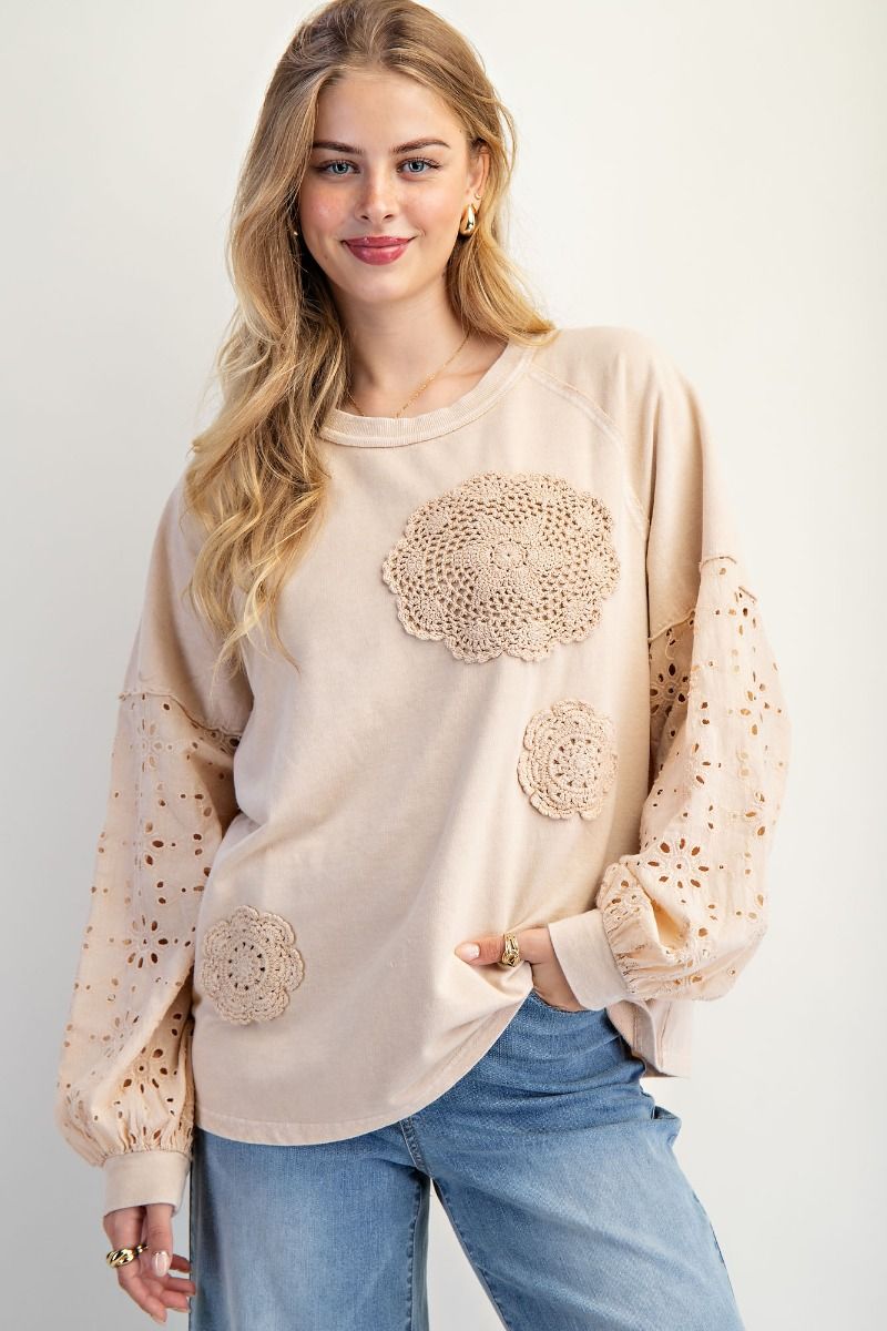 Heirloom Bloom Ecru Eyelet Washed Terry Pullover