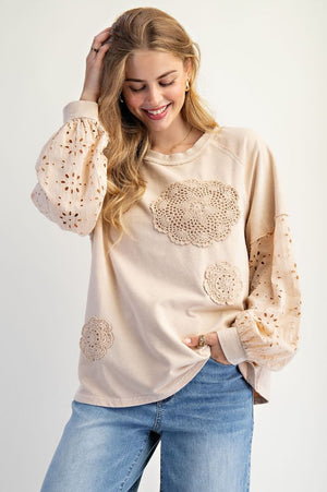 Heirloom Bloom Ecru Eyelet Washed Terry Pullover