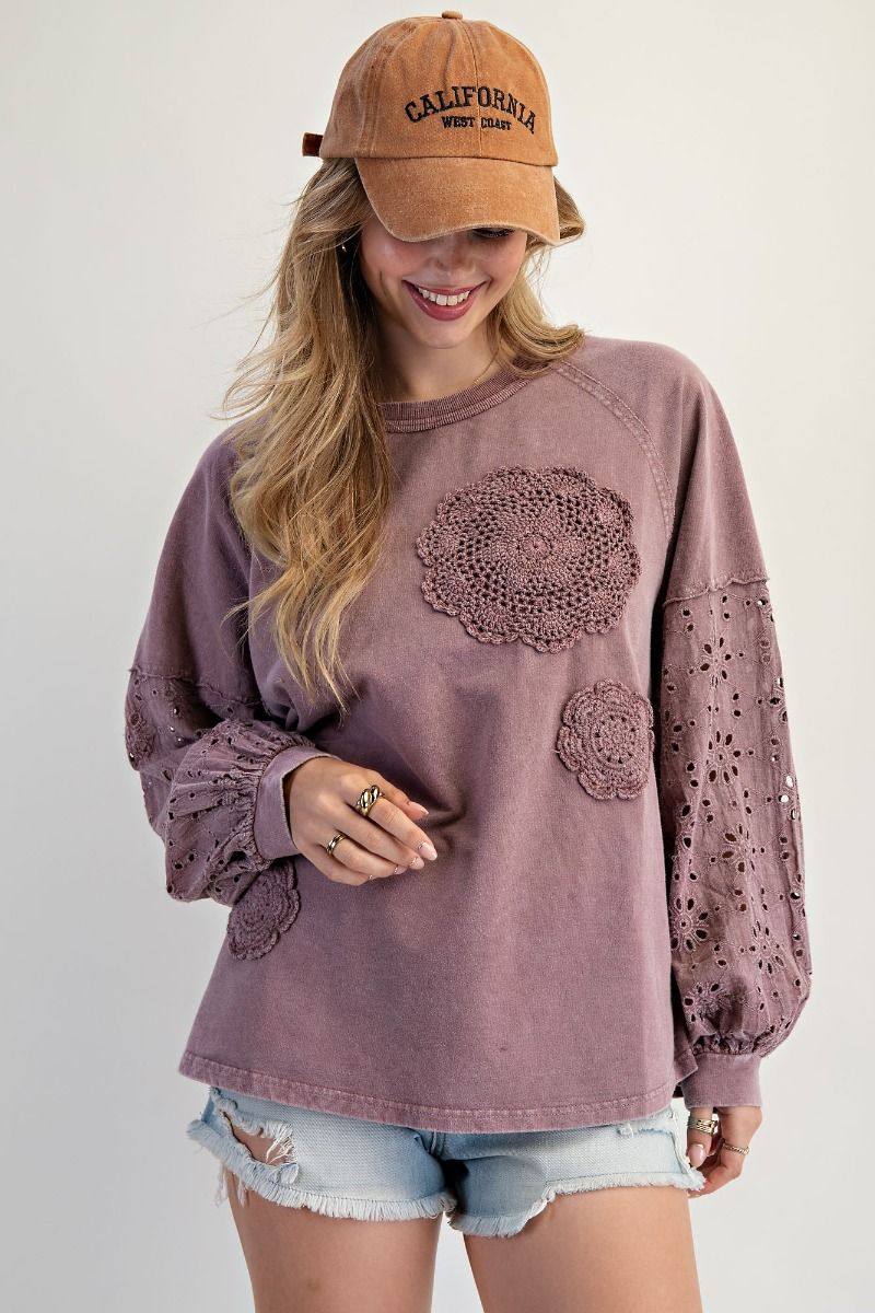 Heirloom Bloom Red Bean Eyelet Washed Terry Pullover