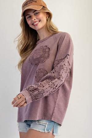 Heirloom Bloom Red Bean Eyelet Washed Terry Pullover