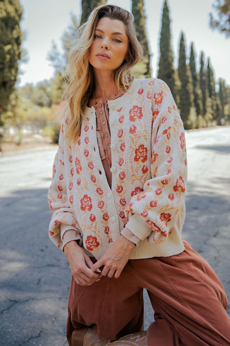 Blossom Lane Floral Oatmeal Knitted Sweater Cardigan