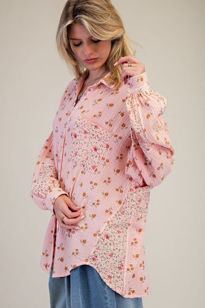 Daisy Dreams Pink Floral Print Cotton Gauze Washed Top