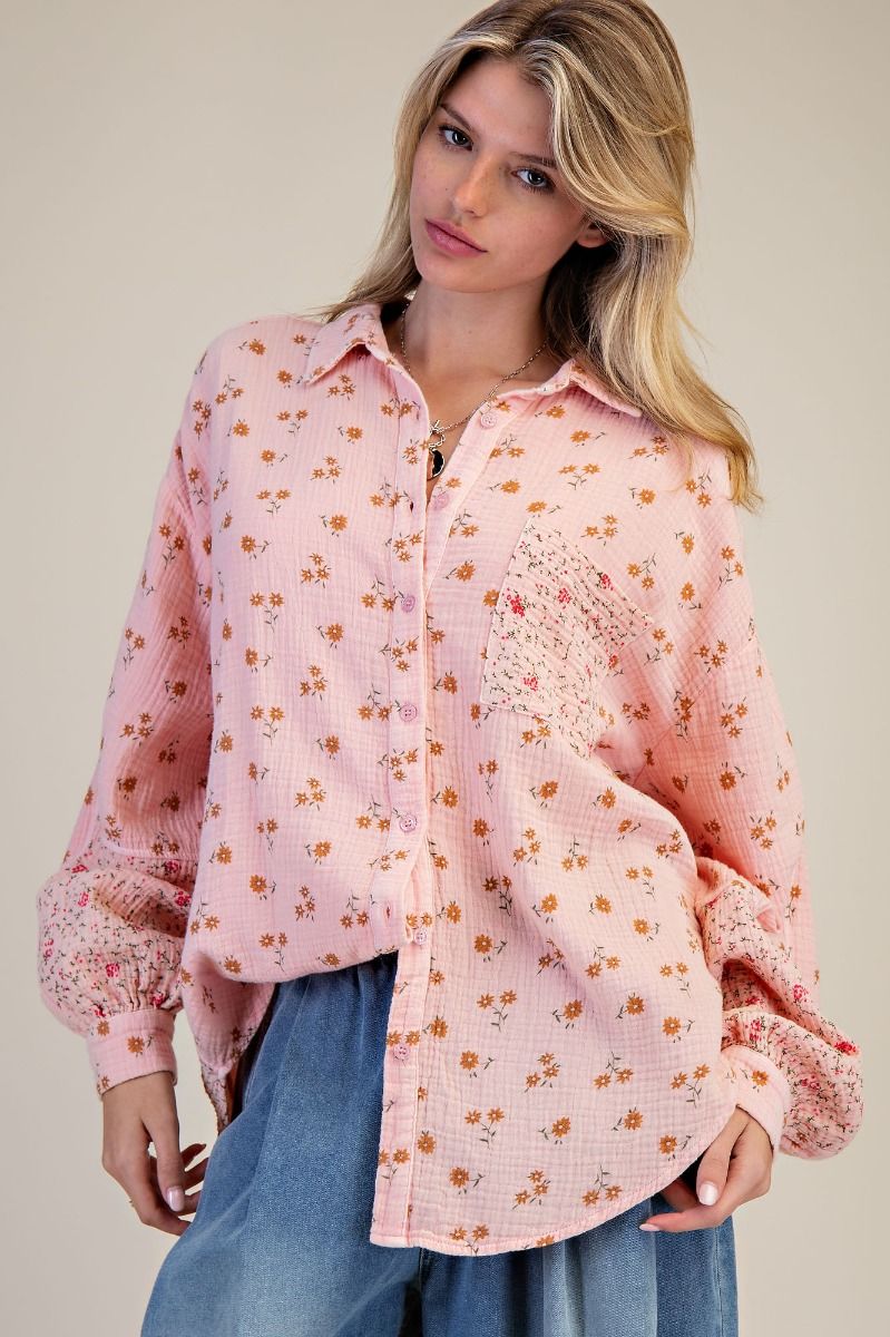 Daisy Dreams Pink Floral Print Cotton Gauze Washed Top