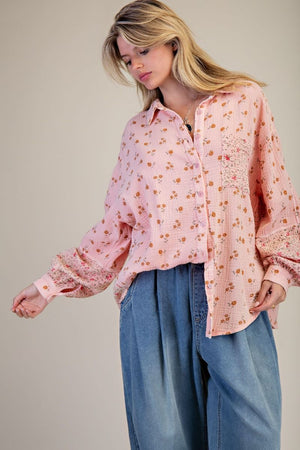 Daisy Dreams Pink Floral Print Cotton Gauze Washed Top