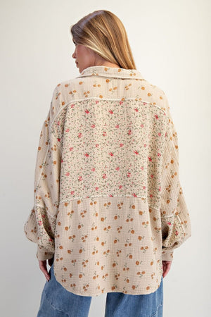 Daisy Dreams Khaki Floral Print Cotton Gauze Washed Top
