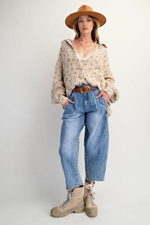 Daisy Dreams Khaki Floral Print Cotton Gauze Washed Top