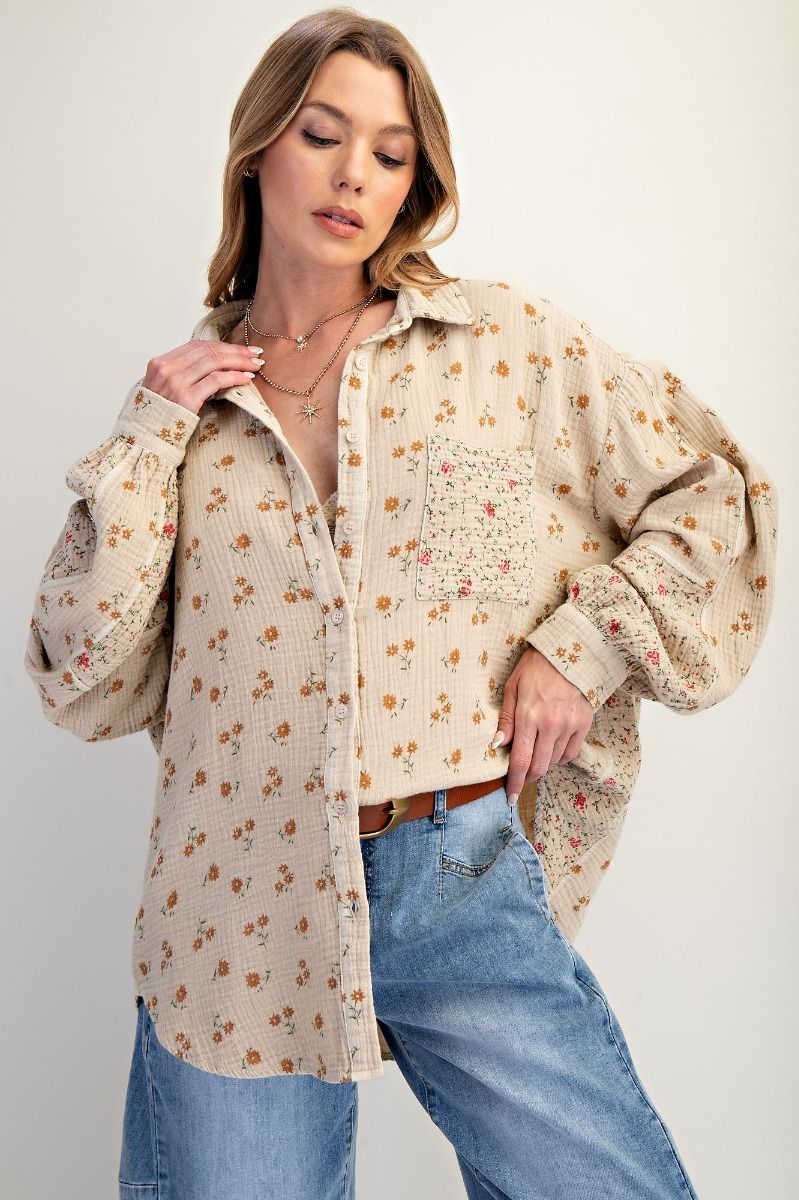 Daisy Dreams Khaki Floral Print Cotton Gauze Washed Top