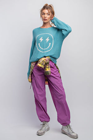Happy Days Turquoise Blue Smiley Face Knitted Sweater