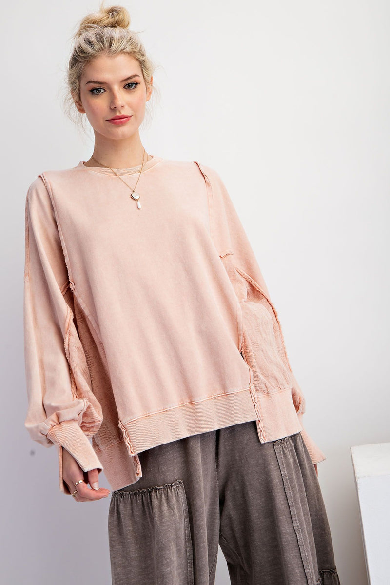 Look Again Lace Mix Mineral Washed Terry Knit Pullover