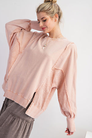 Look Again Lace Mix Mineral Washed Terry Knit Pullover