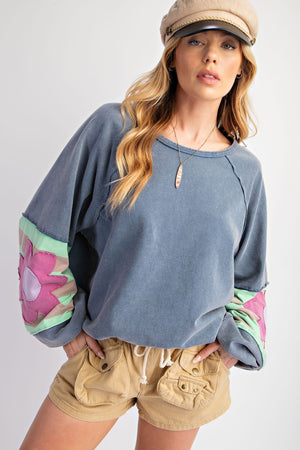 Ready To Bloom Washed Denim Flower Patch Washed Pullover