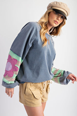 Ready To Bloom Washed Denim Flower Patch Washed Pullover