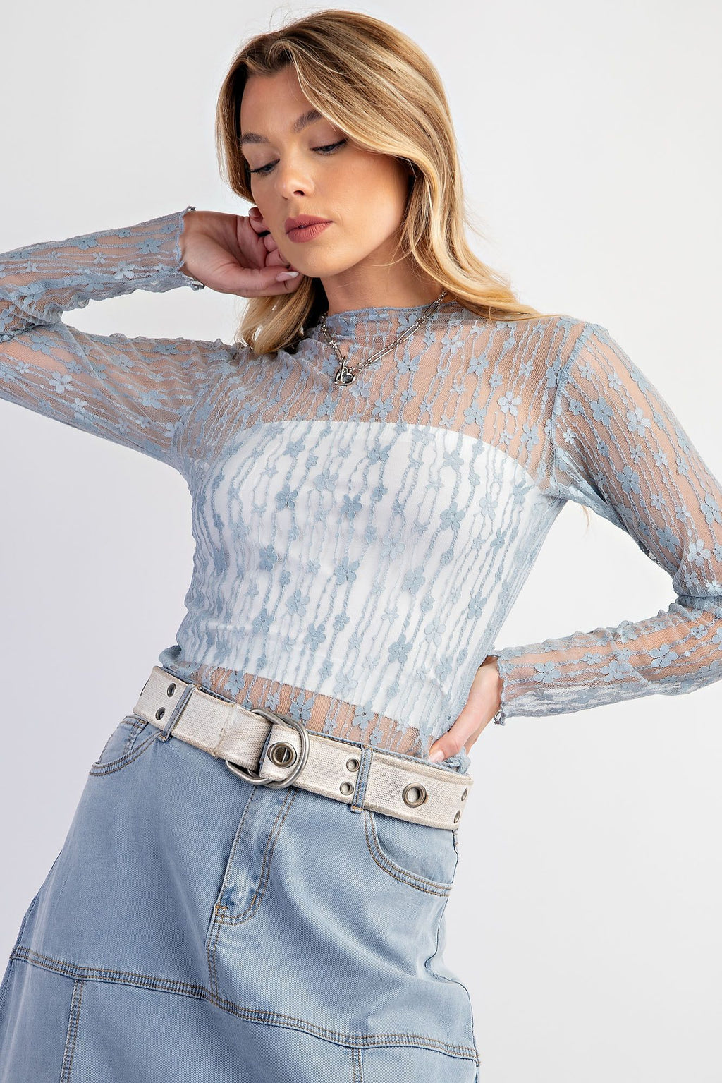 Stolen Glances Dusty Blue All Over Sheer Lace Top