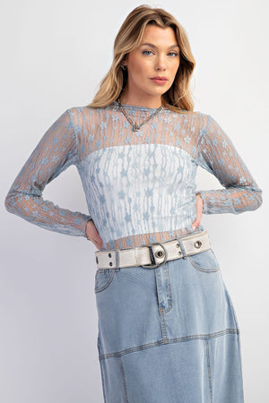 Stolen Glances Dusty Blue All Over Sheer Lace Top