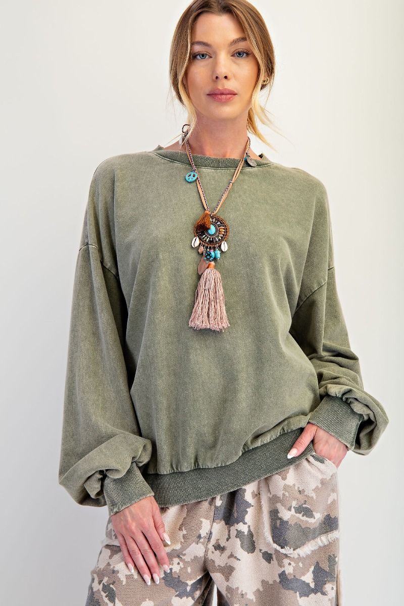 Marlow Faded Olive Washed Terry Knit Pullover