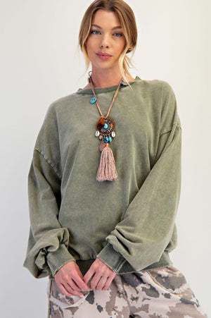 Marlow Faded Olive Washed Terry Knit Pullover