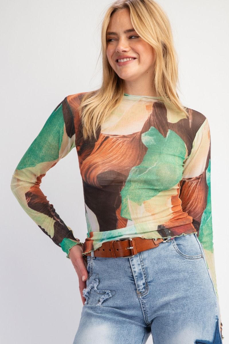 Abstract Glances Mesh Fitted Top