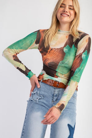 Abstract Glances Mesh Fitted Top