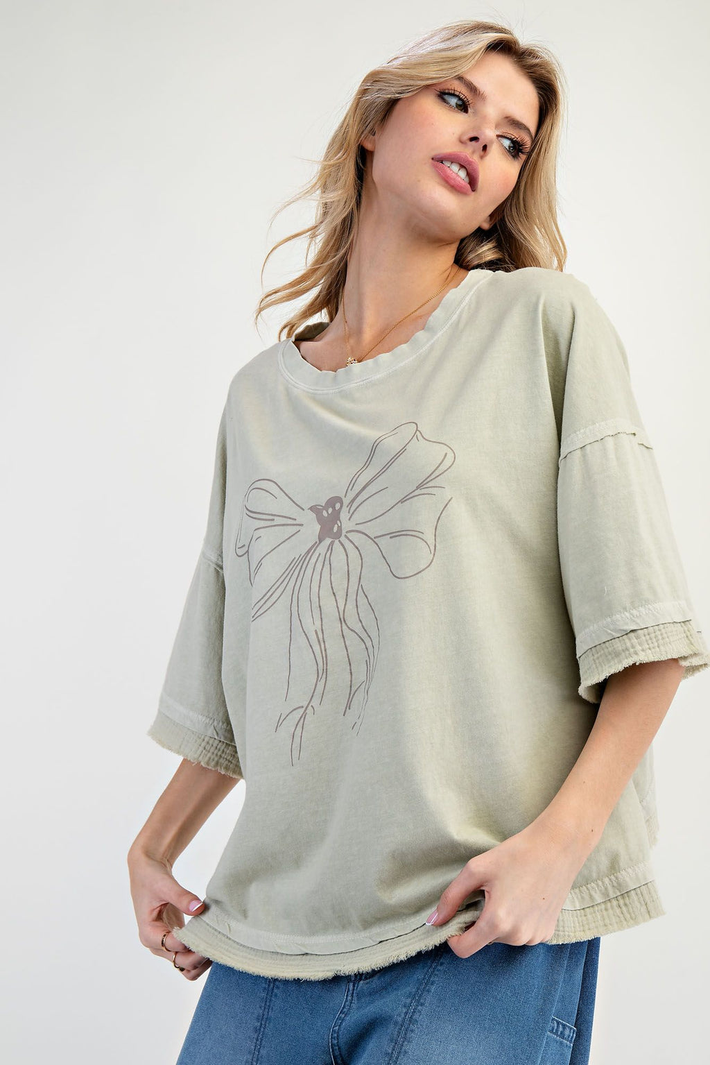 All Tied Up Faded Sage Bow Print Mineral Washed Top