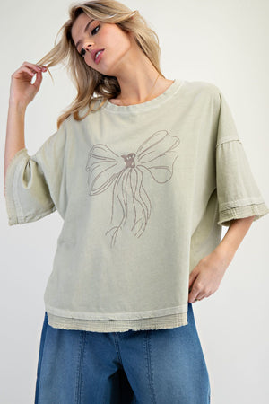 All Tied Up Faded Sage Bow Print Mineral Washed Top