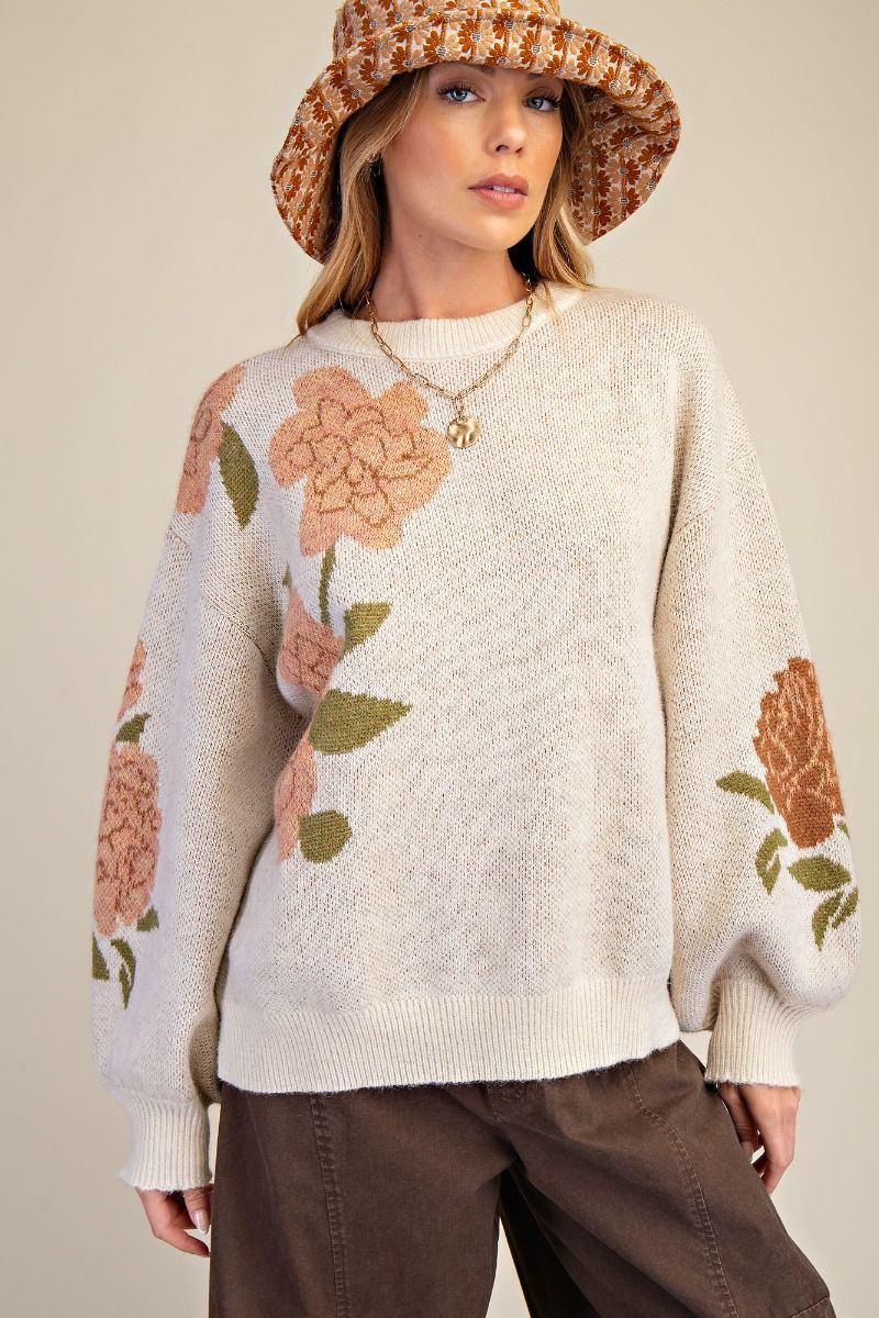 Whispered Petals Oatmeal Floral Pattern Sweater
