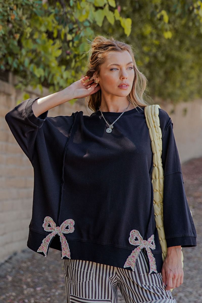 Bow & Beyond Black Washed Terry Pullover