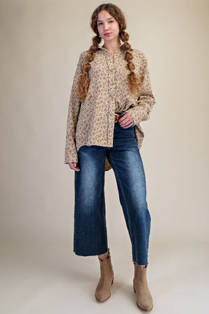 Meadow Mist Floral Print Khaki Washed Gauze Top
