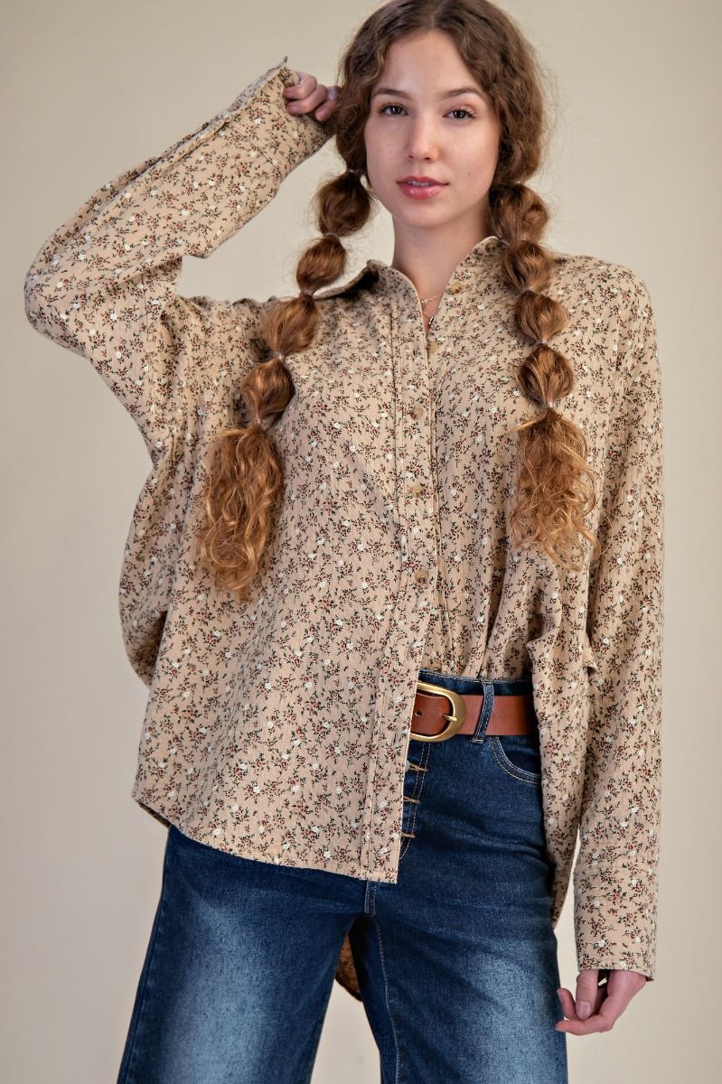 Meadow Mist Floral Print Khaki Washed Gauze Top