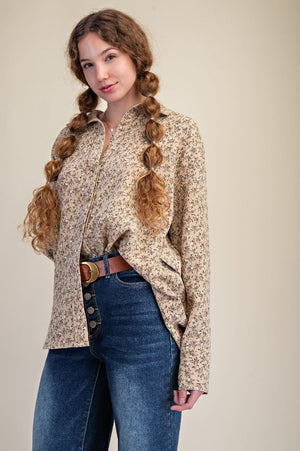 Meadow Mist Floral Print Khaki Washed Gauze Top