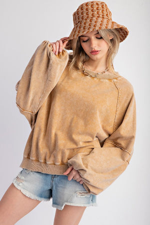 Weekend Wash Camel Mineral Washed Terry Knit Pullover Top