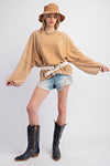 Weekend Wash Camel Mineral Washed Terry Knit Pullover Top